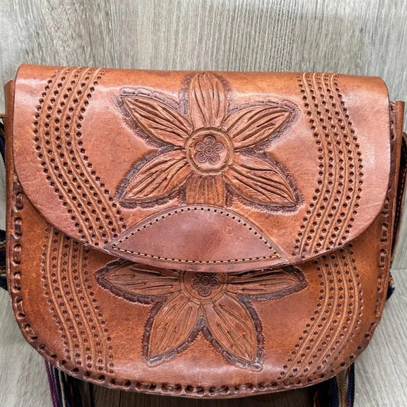Womens Handbag Boho Leather Floral Tooled Embossed Purse Mini Sling Tan Brown - Picture 3 of 12
